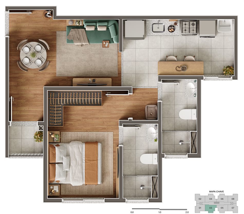Planta do apartamento de 1 quarto, com sala, cozinha, suíte e banheiro social
