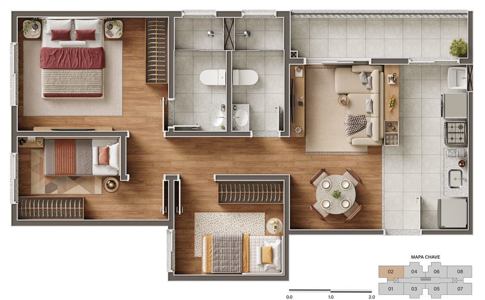 Planta do apartamento de 3 quartos, com sala, cozinha, suíte, dois quartos e banheiro social